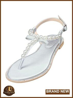 Flat Sandals with Pearl T-Strap PU Leather Slip-Resistant Bridal